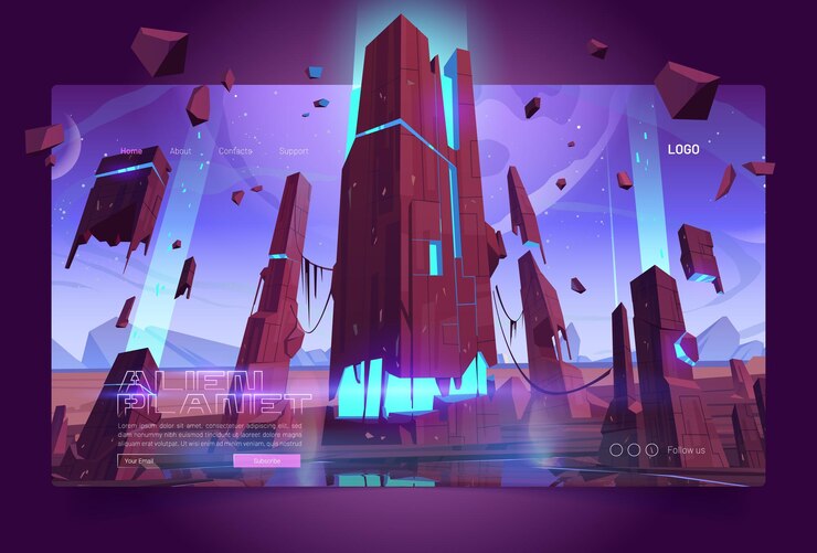 Banner de planeta alienígena con superficie terrestre y ruinas de edificios futuristas con página de destino de grietas azules brillantes con ilustración de fantasía de dibujos animados del espacio exterior con estrellas y superficie de planeta alienígena