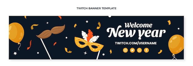 Vector gratuito banner plano de twitch de año nuevo