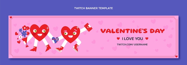 Vector gratuito banner plano de twitch del día de san valentín