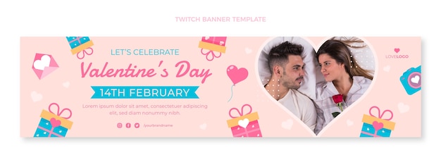 Vector gratuito banner plano de twitch del día de san valentín