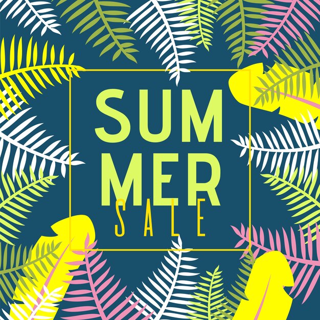 Banner plano de venta de verano con plantas exóticas de dibujos animados de la selva