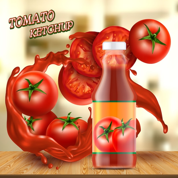 Banner de promoción con una botella de cristal de ketchup realista, con salpicaduras de salsa roja