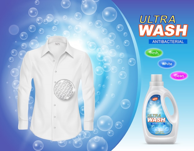 banner de promoción de detergente líquido para lavandería o quitamanchas en botella de plástico