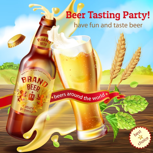 Banner de promoción para la fiesta de degustación de cerveza, con una botella marrón de cerveza artesanal