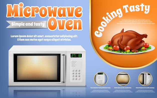 Vector gratuito banner de promoción con horno de microondas blanco realista y pollo asado con verduras