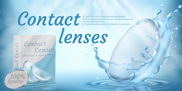 Vector gratuito banner de promoción realista con lentes de contacto en salpicaduras de agua sobre fondo azul.