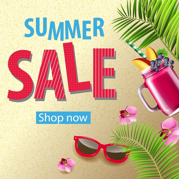 Banner de promoción de venta de verano con flores rosadas, gafas de sol, taza de batido de bayas