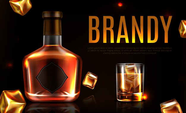 Banner promocional de botella y vaso de brandy