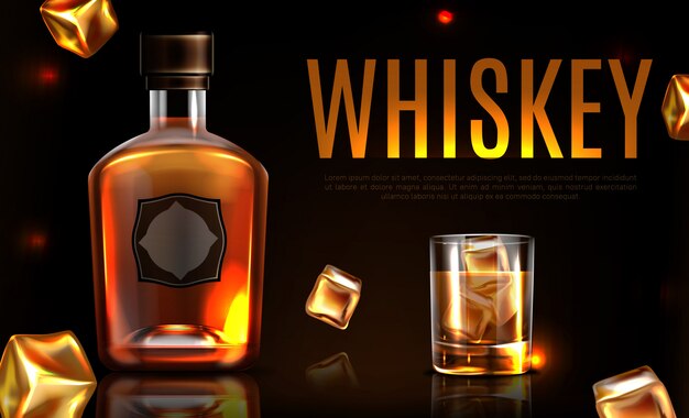 Banner promocional de botella y vaso de whisky