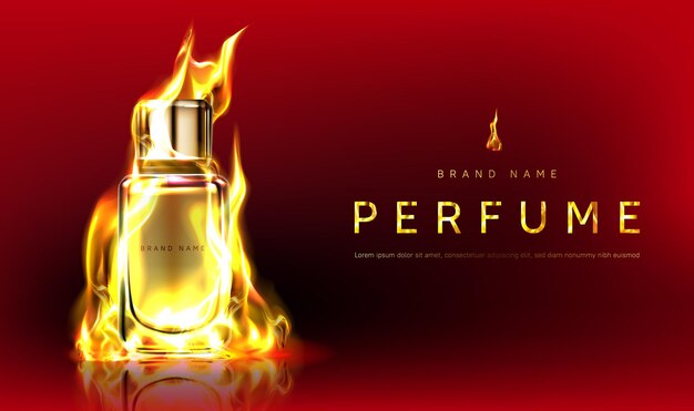 Banner promocional con frasco de perfume en llama de fuego.