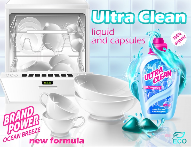 Vector gratuito banner promocional de limpiador líquido y cápsulas para lavavajillas. botella de plástico con detergente
