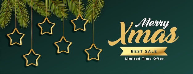 Banner promocional de mejor venta de navidad con decoración de estrellas.