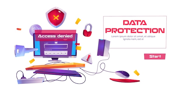 Banner de protección de datos con computadora y notificación de acceso denegado.