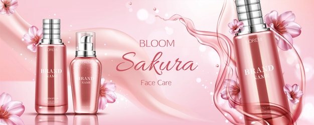 Banner de publicidad de botellas de cosméticos Sakura, cuidado facial