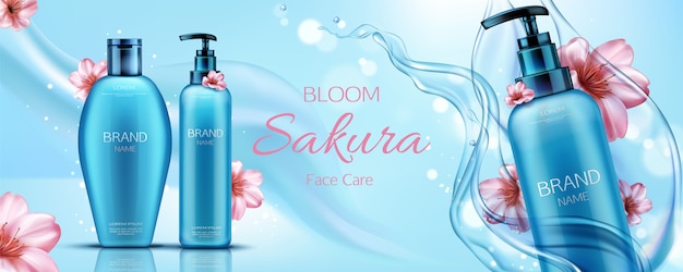 Banner de publicidad de botellas de cosméticos Sakura, cuidado facial