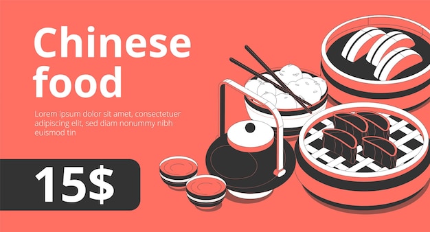Vector gratuito banner de publicidad isométrica en línea de comida tradicional china con ceremonia del té, tetera, rollos de sushi, albóndigas al vapor