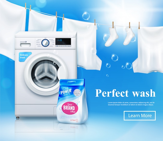 Banner publicitario de lavadora con imágenes realistas de lavadora y detergente para ropa con texto y botón en el que se puede hacer clic