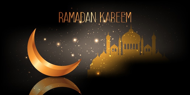 Banner de Ramadán Kareem con diseño de media luna y mezquita