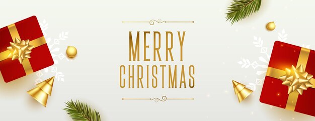 Banner realista de festival de feliz navidad con árbol y cajas de regalo