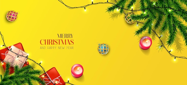 Banner realista vector feliz navidad y próspero año nuevo con elementos festivos de orientación horizontal