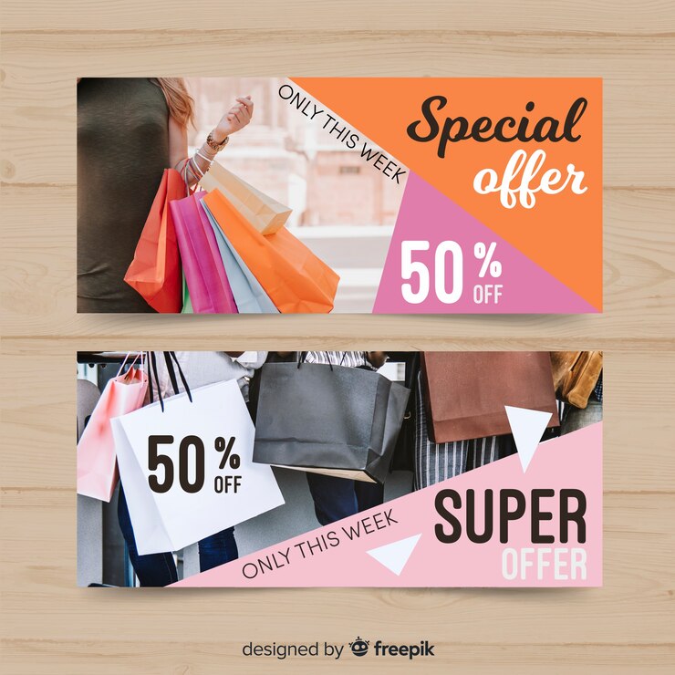 Vector gratuito banner de rebajas colorido abstracto con foto