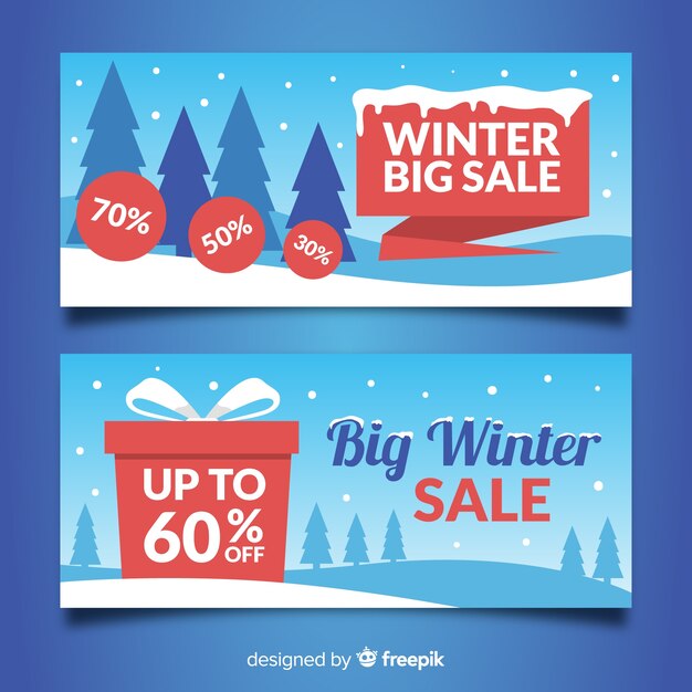 Banner rebajas invierno campo cubierto de nieve