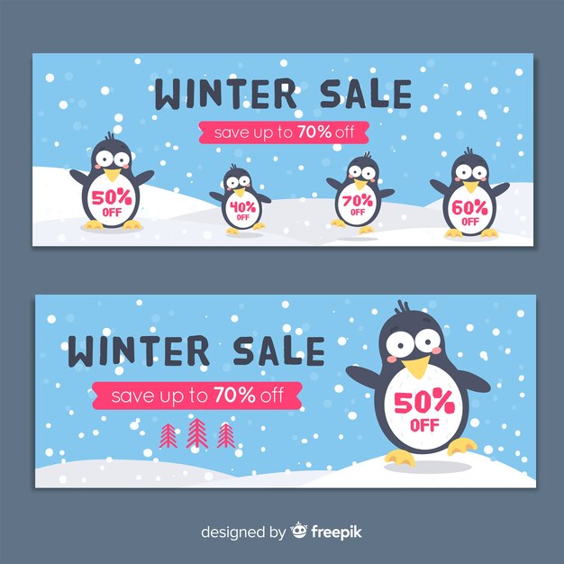 Banner de rebajas de invierno en diseño plano