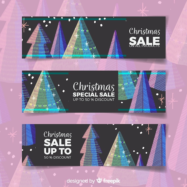 Banner rebajas navidad árboles dibujados a mano