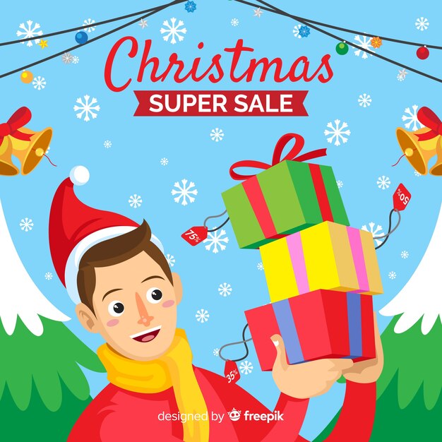 Banner rebajas navidad chica sosteniendo regalos