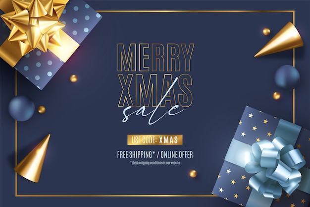 Banner de rebajas de navidad realista con adornos elegantes