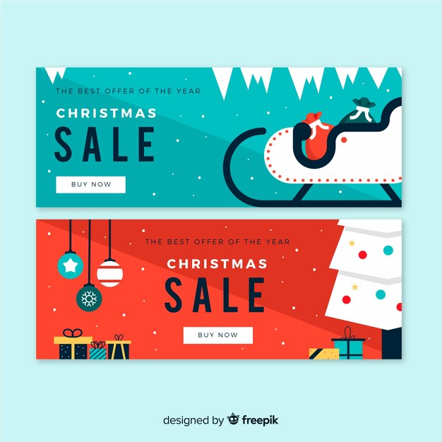 Banner rebajas navidad trineo y árbol planos