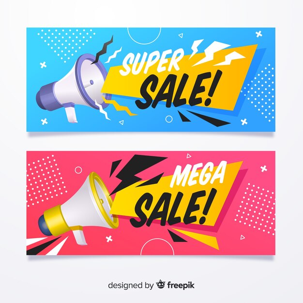 Banner de rebajas plano con objetos realistas