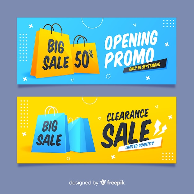 Vector gratuito banner de rebajas plano con objetos realistas