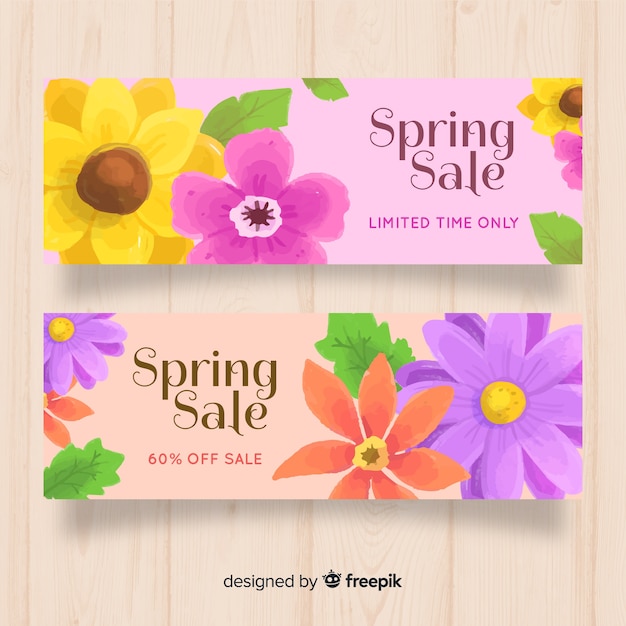 Banner de rebajas de primavera en acuarela