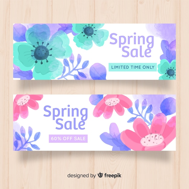 Banner de rebajas de primavera en acuarela