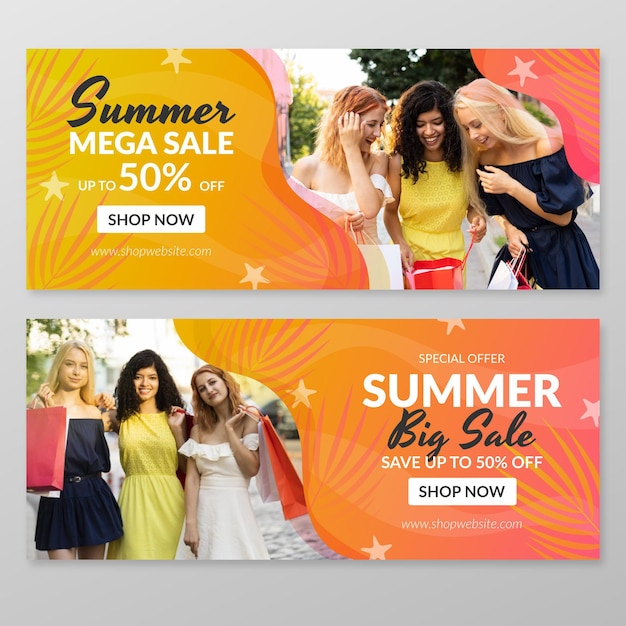 Vector gratuito banner de rebajas de verano degradado con foto