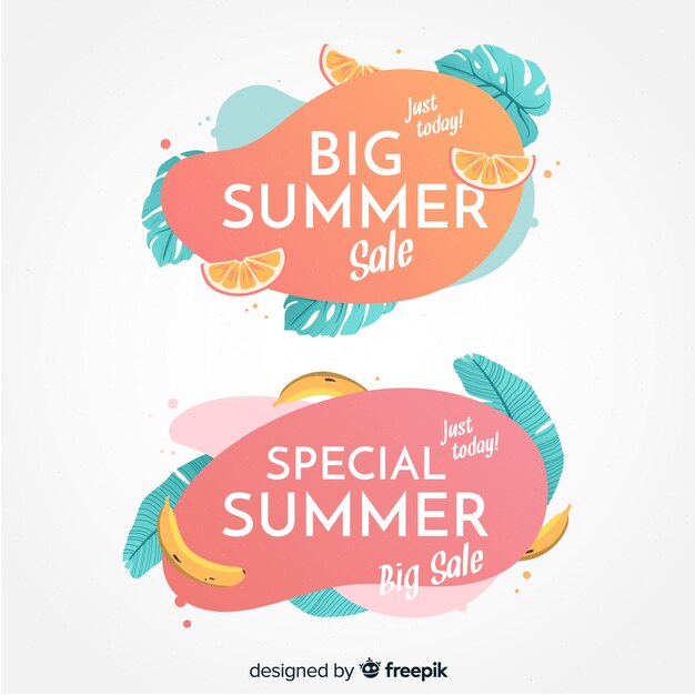Banner rebajas de verano formas líquidas y hojas tropicales