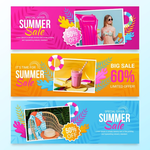 Vector gratuito banner de rebajas de verano plano con foto