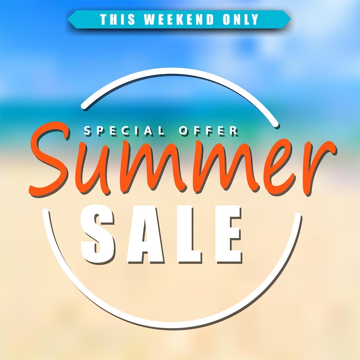 Vector gratuito banner de rebajas de verano con playa borrosa en la parte posterior