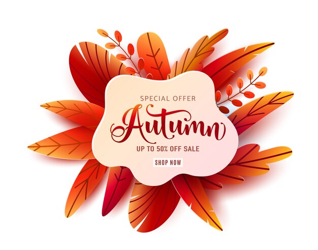 Banner redondo de venta de otoño. Forma de círculo de anuncio de caída con forma líquida en el centro y signo de oferta de texto. Hojas abstractas rojas y naranjas en estilo de corte de papel plano simple.