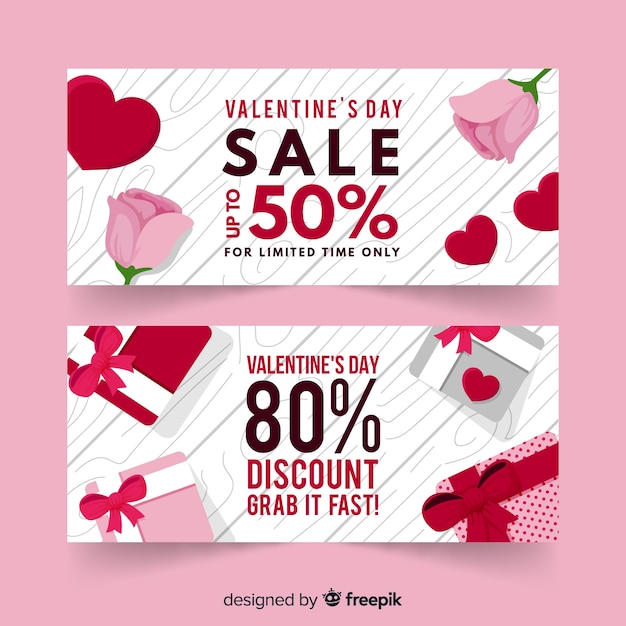 Vector gratuito banner regalos y rosas rebajas san valentín