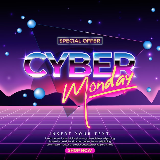 Banner retro futurista cyber monday