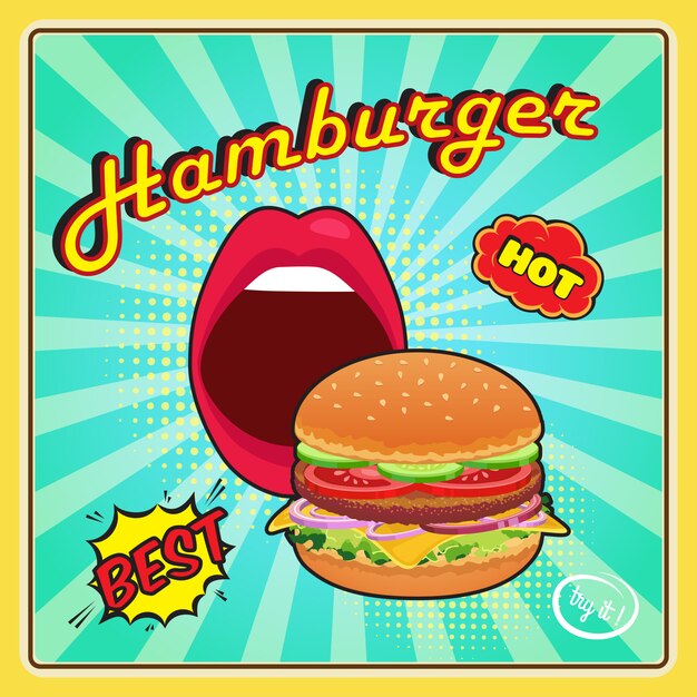 Banner retro de hamburguesa en estilo cómico