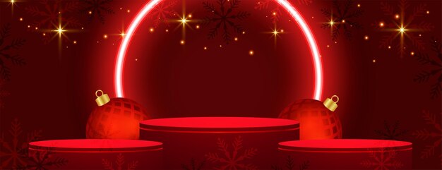Banner rojo de feliz navidad estilo neón con podio 3d y adorno