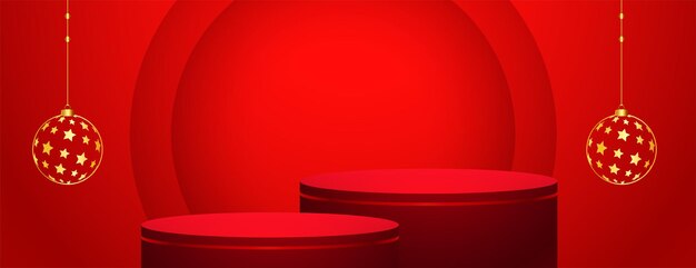 Banner rojo de feliz navidad con plataforma de podio 3d