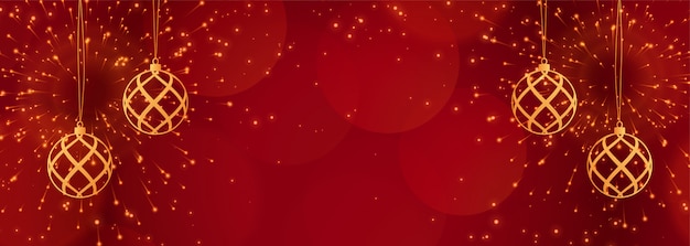 Banner rojo de navidad con destellos y bolas doradas