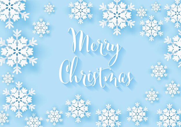 Banner de saludo de copo de nieve de invierno con fondo azul Tarjeta de invitación de feliz Navidad nieve blanca