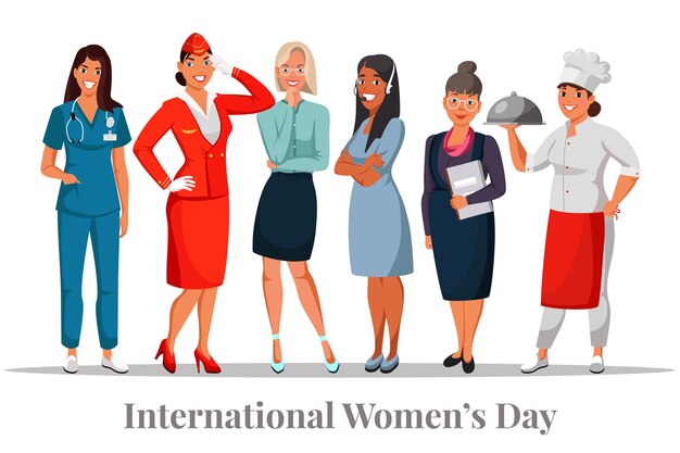 Banner de saludo del día internacional de la mujer con damas de diferentes profesiones Cartel de dibujos animados con médico auxiliar de vuelo operador de centro de llamadas empresaria maestra chef