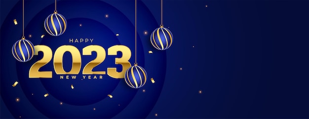 Banner de saludo de feliz año nuevo 2023 con bola de navidad