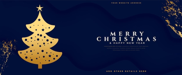 banner de saludo de feliz navidad con vector de árbol de navidad dorado